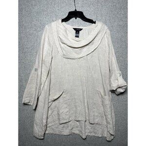 Ali Miles Medium Linen Top Blouse Lagenlook Beige Tab Sleeves Oversized